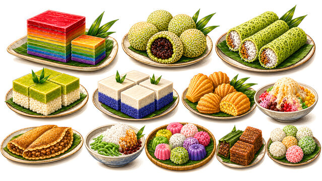 Delicious Assorted Malaysian Traditional Snacks and Sweet Cakes Collection for Menu and Packaging Design