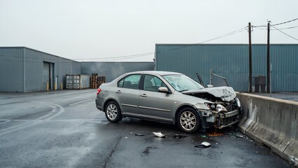 Naklejka premium A grey sedan car crashed into a concrete barrier in an industrial parking lot