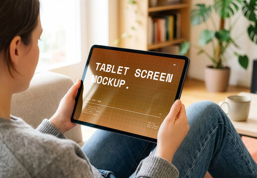 Woman Hands Holding Tablet Mockup On Sofa
