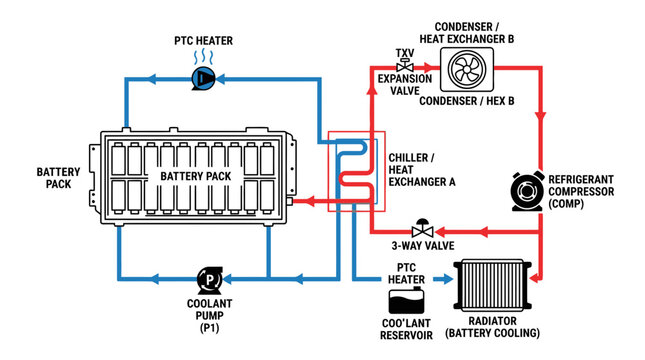 Minimalist Diagram of Electric Vehicle Battery Thermal Management System with PTC Heater Coolant Loop and Refrigerant Circuit