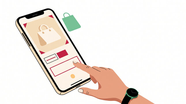 Hand using smartphone shopping app with shopping bag icon  
