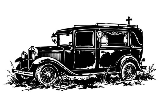 Vintage black and white hearse car illustration