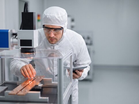 Cleanroom engineer in protective suit inspecting automated laser welding of copper busbars in battery manufacturing