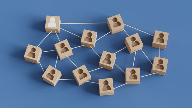 Hiring Team Concept with Wooden blocks connected together on a blue background. Team build concept	