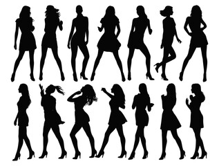 Collection of female silhouettes in various standing and posing positions on a white background pose