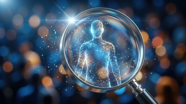A magnifying glass reveals a sparkling digital human silhouette amidst a blurred crowd.