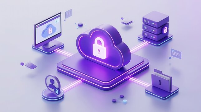 Isometric 3D cloud computing security concept featuring glowing purple safe storage and protected data.