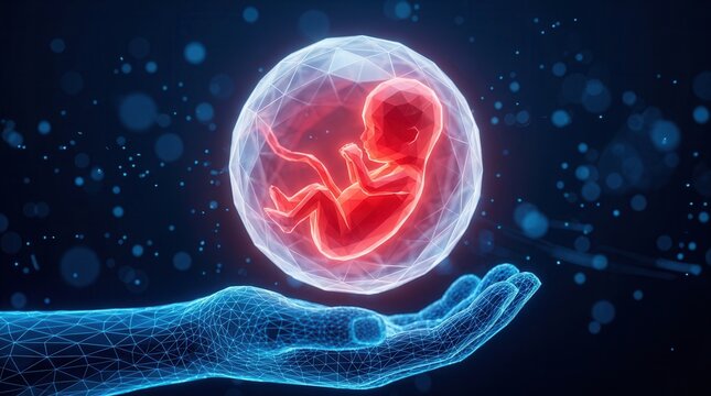 An embryo held within a luminous sphere above a protective hand representing in vitro fertilization.