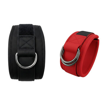 Black and red leather wristbands with silver D-ring buckles for accessories or fashion wear on transparent background