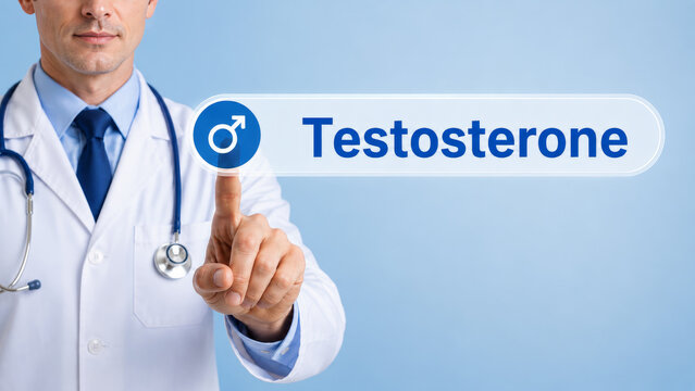 Male doctor presenting testosterone screen for mens health hormone testing diagnosis treatment and endocrinology care now