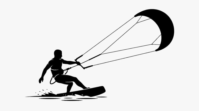 Kiteboarding Athlete Gliding Across Ocean Waves with Large Wind Kite, Extreme Water Sport Vector Illustration