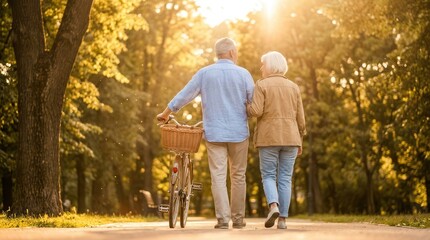 Fototapeta premium Elderly man and woman walking their bikes while talking happily in spring nature.