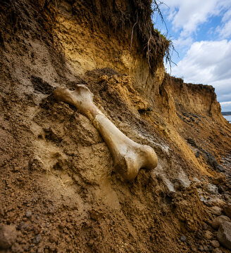 Large ancient animal bone exposed in an eroded coastal cliff, unusual paleontological find revealed naturally within sediment layers.