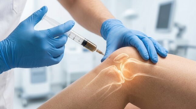 Gloved clinician injecting platelet-rich plasma into a knee for regenerative therapy.