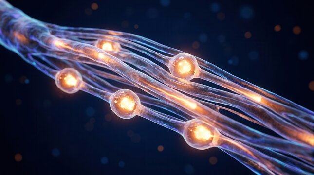 Anatomical visualization of vagus nerve fiber showing electrode-like stimulation nodes and signaling activity.
