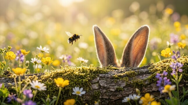 Rabbit ears emerge from behind a mossy log observing a flying bumblebee in a sunlit spring meadow.