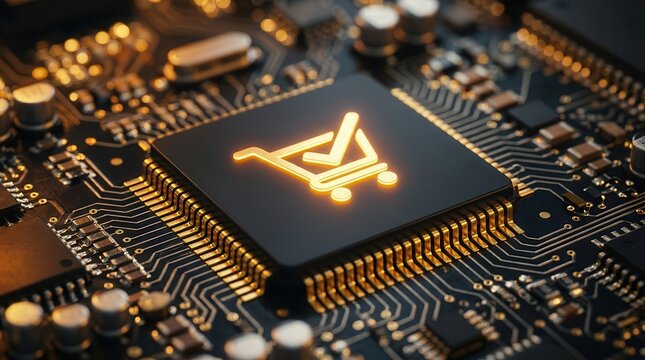 Golden shopping cart icon glowing on a microchip for e-commerce conversion rate optimization.