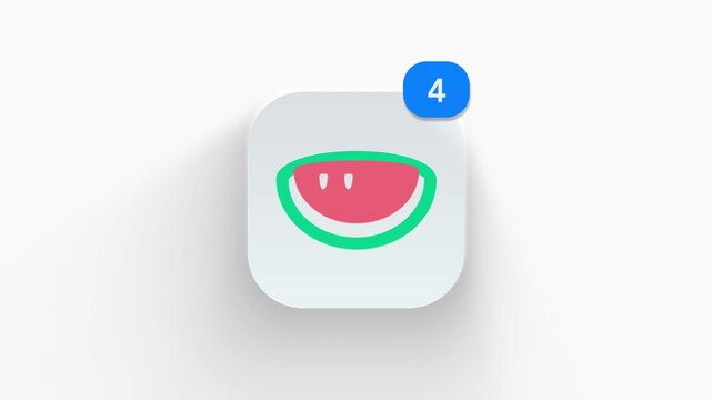 Watermelon app icon featuring animated notification badge with counter 1 to 99, dynamic shadow effect, minimalist fresh summer fruit slice concept, on white background. 