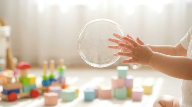 A floating soap bubble in a bright playroom creates a moment of discovery for a child's reaching hands.