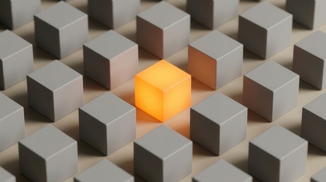 Business innovation and individuality represented by a single bright orange cube among many grey cubes.
