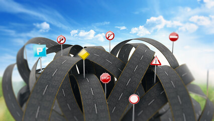 Tangled, crowded, chaotic roads and many traffic signs. 3D illustration