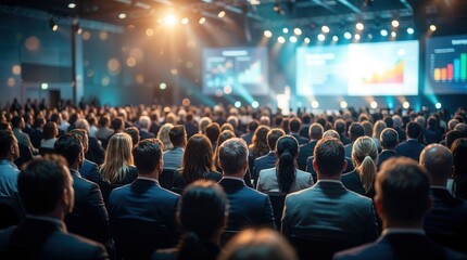 Obraz premium Corporate event with a crowd of audience members watching a presentation under stage lights.