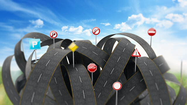 Tangled, crowded, chaotic roads and many traffic signs. 3D illustration