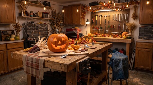 Carved pumpkin on a rustic workbench in a workshop