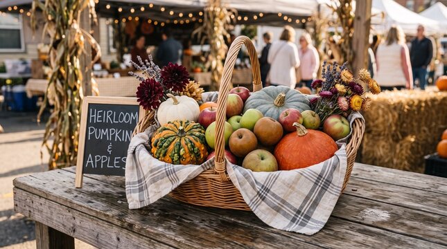 Wicker basket with fresh pumpkins and apples at a market