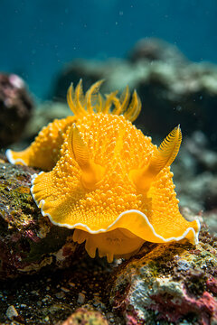 Bright yellow nudibranch sea slug with delicate leaf shaped gills crawling on a coral reef underwater.