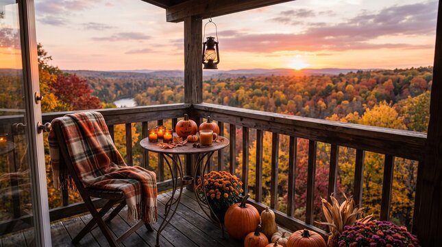 Cozy balcony with pumpkins overlooking a sunset forest view