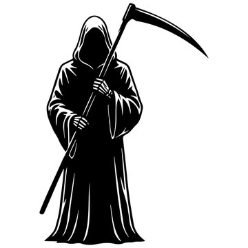 Grim reaper with scythe vector silhouette isolated on white for halloween and death concepts.