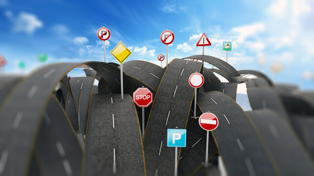 Tangled, crowded, chaotic roads and many traffic signs. 3D illustration