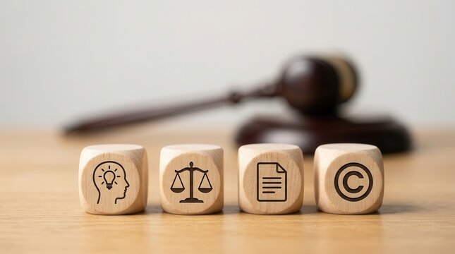 Concept of copyright infringement and proprietary declaration using wooden blocks and a judge gavel.