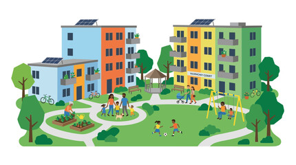 Diverse community living in colorful sustainable apartment complex illustration