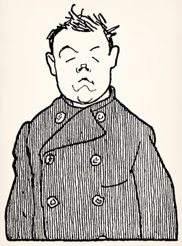 Illustration by Olaf Gulbransson for Ludwig Thoma book - Tante Frieda (Aunt Frieda), Lausbubengeschichten, showing caricature portrait in double-breasted coat. Antique stylized illustration.