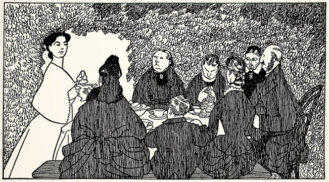 Illustration by Olaf Gulbransson for Ludwig Thoma book - Tante Frieda, showing outdoor table gathering under foliage. Antique stylized illustration.