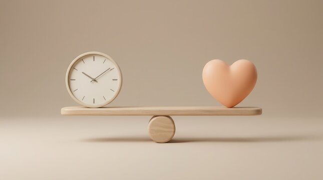 Time management and mental health wellness priority shown by a clock and heart on a seesaw.
