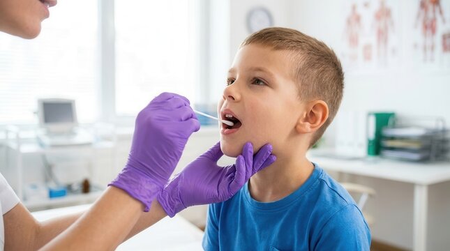 A doctor in purple gloves using a cotton swab for a strep throat or virus diagnosis on a child.