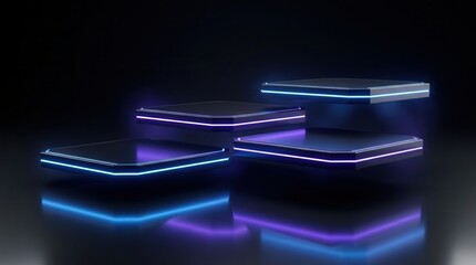 Naklejka premium Three glowing geometric platforms featuring blue and purple neon lights for product showcasing.