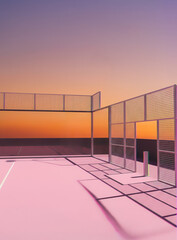 Fototapeta premium Modern padel tennis court with bright pink playing surface and metal mesh fencing, illuminated by warm sunset light, geometric shadows and pastel evening sky creating a stylish sports scene.