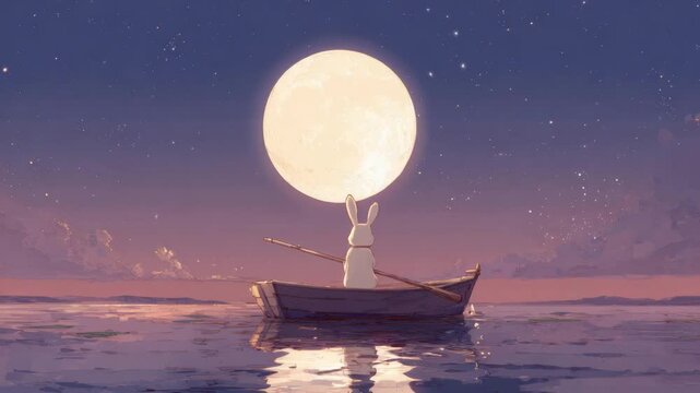 A rabbit in a boat is sailing on the night sea under a huge full moon. Childhood dream concept, Asian tradition, Mid-Autumn Festival
