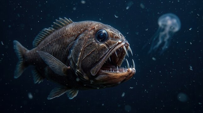 Ocean wildlife showcasing a fangtooth fish with large fangs swimming in dark water near a translucent jellyfish.