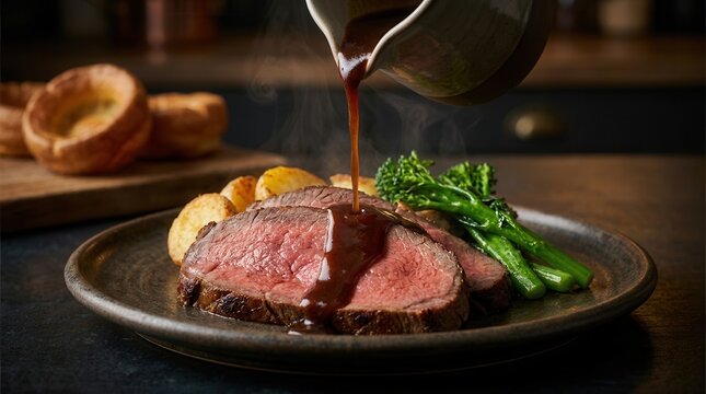 Delicious medium-rare roast beef served with roasted potatoes, broccolini, and poured gravy.