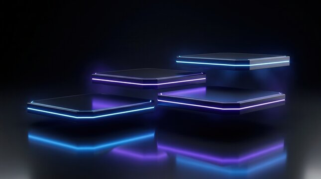 Three glowing geometric platforms featuring blue and purple neon lights for product showcasing.