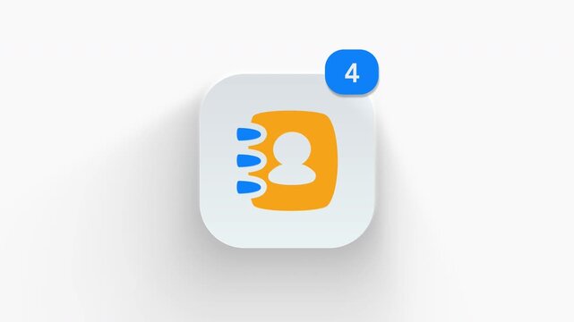 Address book app icon featuring animated notification badge with counter 1 to 99, dynamic shadow effect, minimalist contact directory person index concept, on white background. 