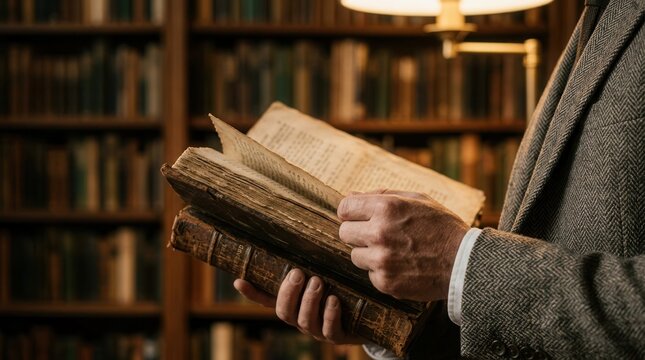 Close up of hands holding an aged book in a library with warm lighting and bookshelves.