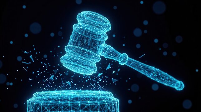 Digital rights management and regulatory compliance represented by a glowing network node gavel.