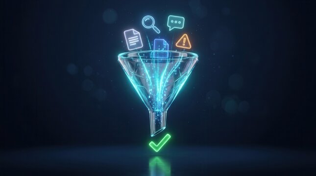 Concept of digital data filtering where document search and alert icons pass through a funnel for business analytics.