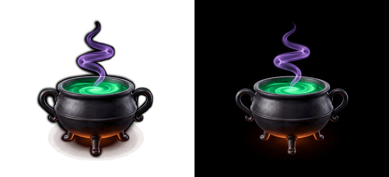 A magical bubbling cauldron filled with vibrant green potion emits mysterious purple smoke creating an enchanting spooky Halloween atmosphere ready for spells and sorcery transparent background